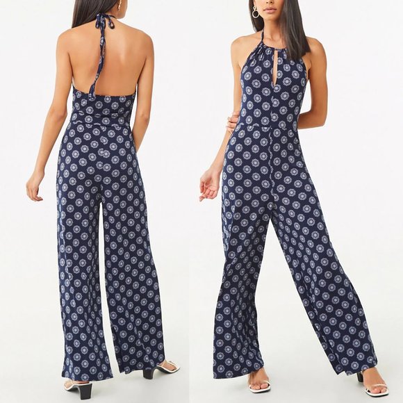 NEW Navy Blue Medallion Halter Palazzo Jumpsuit - Picture 3 of 8